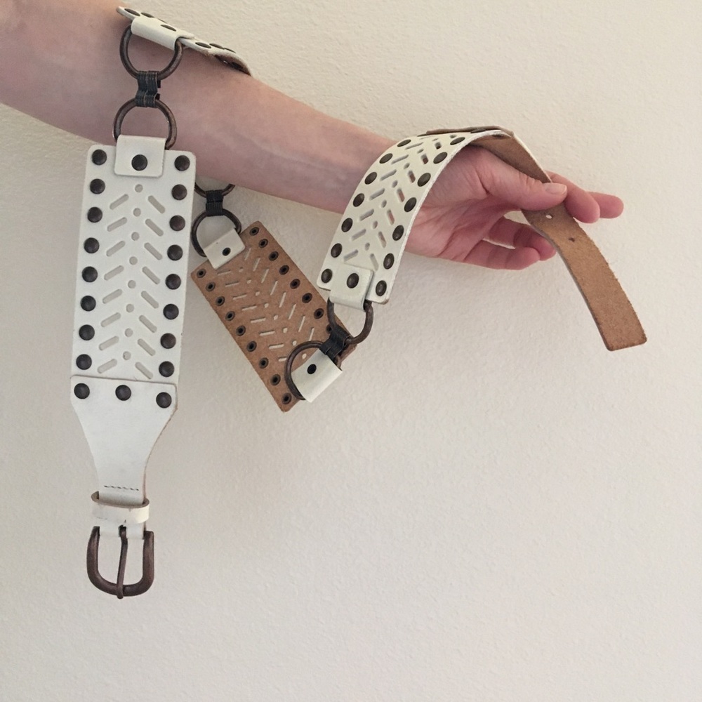 Cream off-white leather bronze chain hoop ring linked grommet studded belt 36in